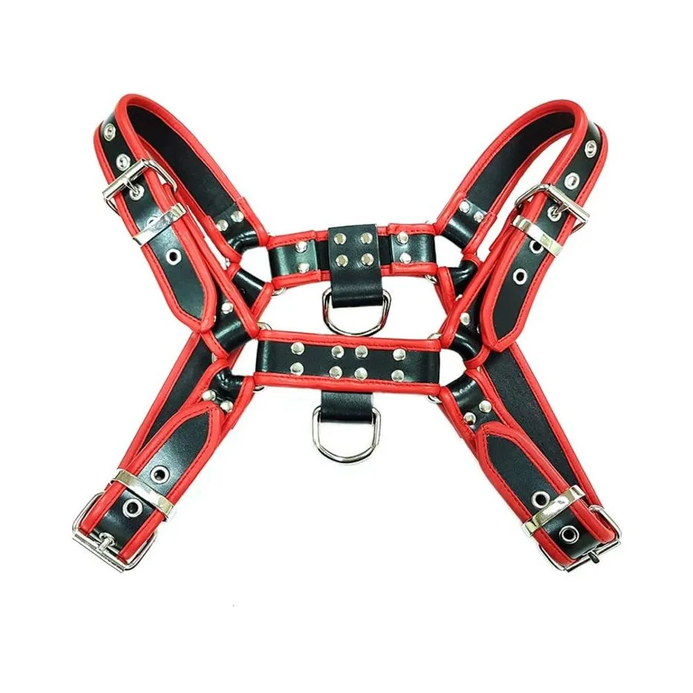 Leather Harness - BLACK W/RED Piping Lg