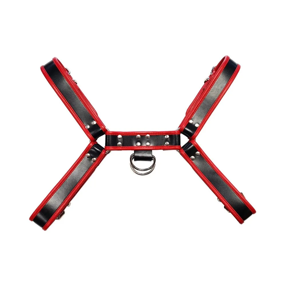 Leather Harness - BLACK W/RED Piping Lg