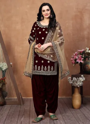 Lovely Maroon Embroidered Designer Velvet Patiala Suit