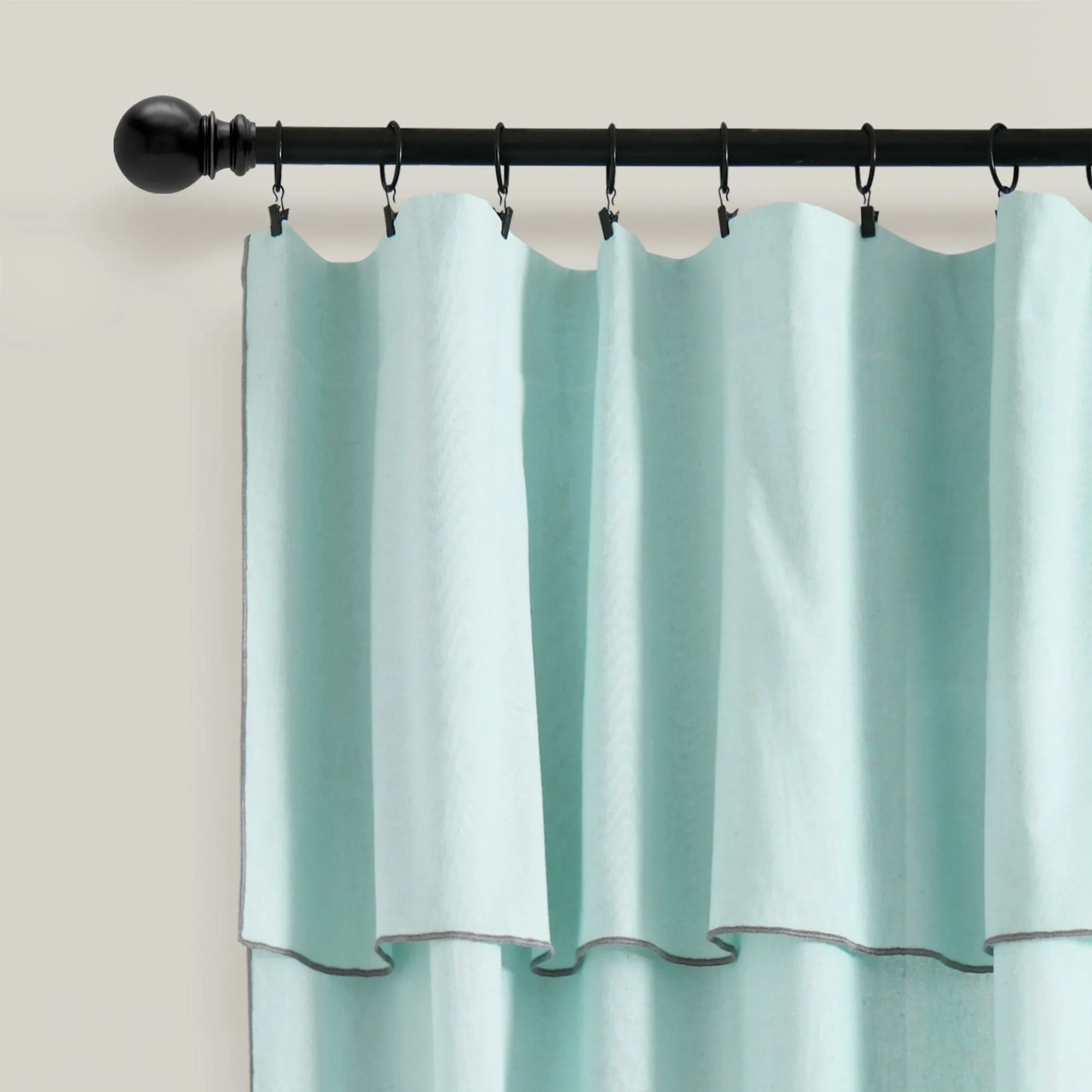 Modern Faux Linen Embroidered Edge With Attached Valance Window Curtain Panel Set