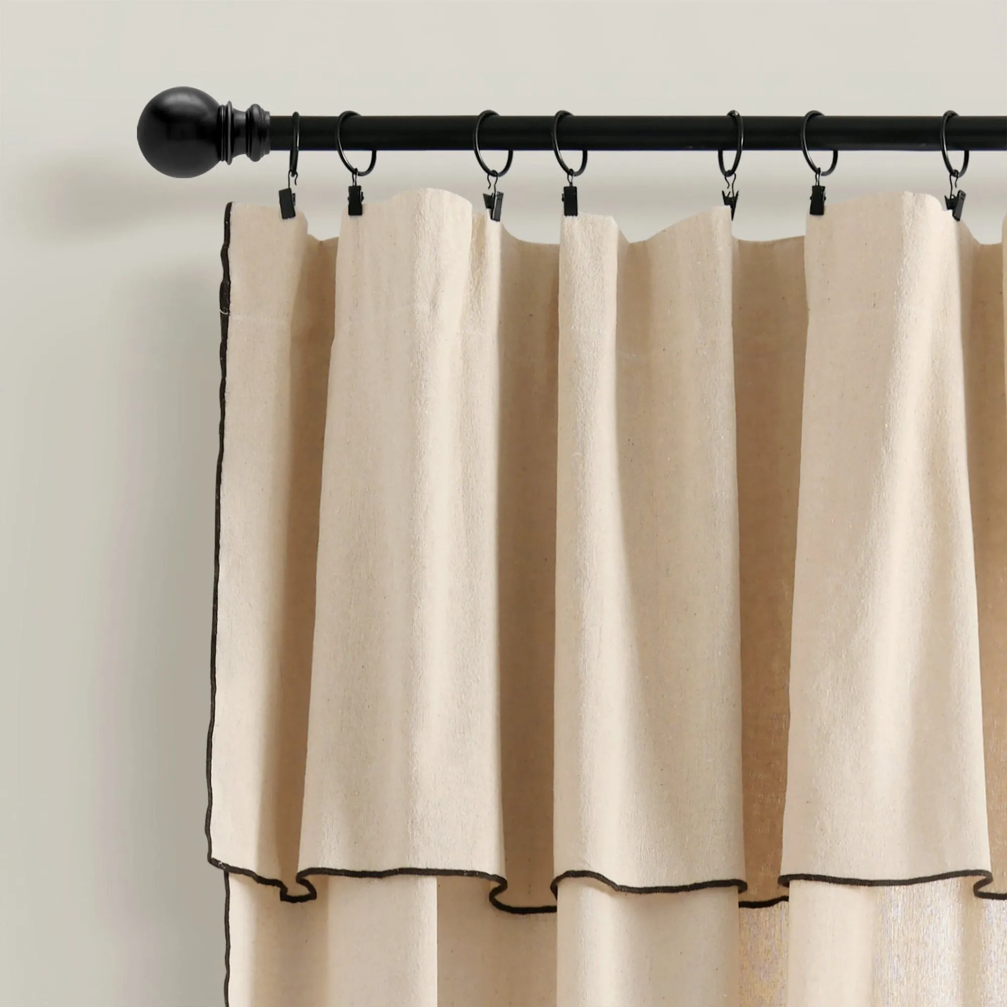 Modern Faux Linen Embroidered Edge With Attached Valance Window Curtain Panel Set