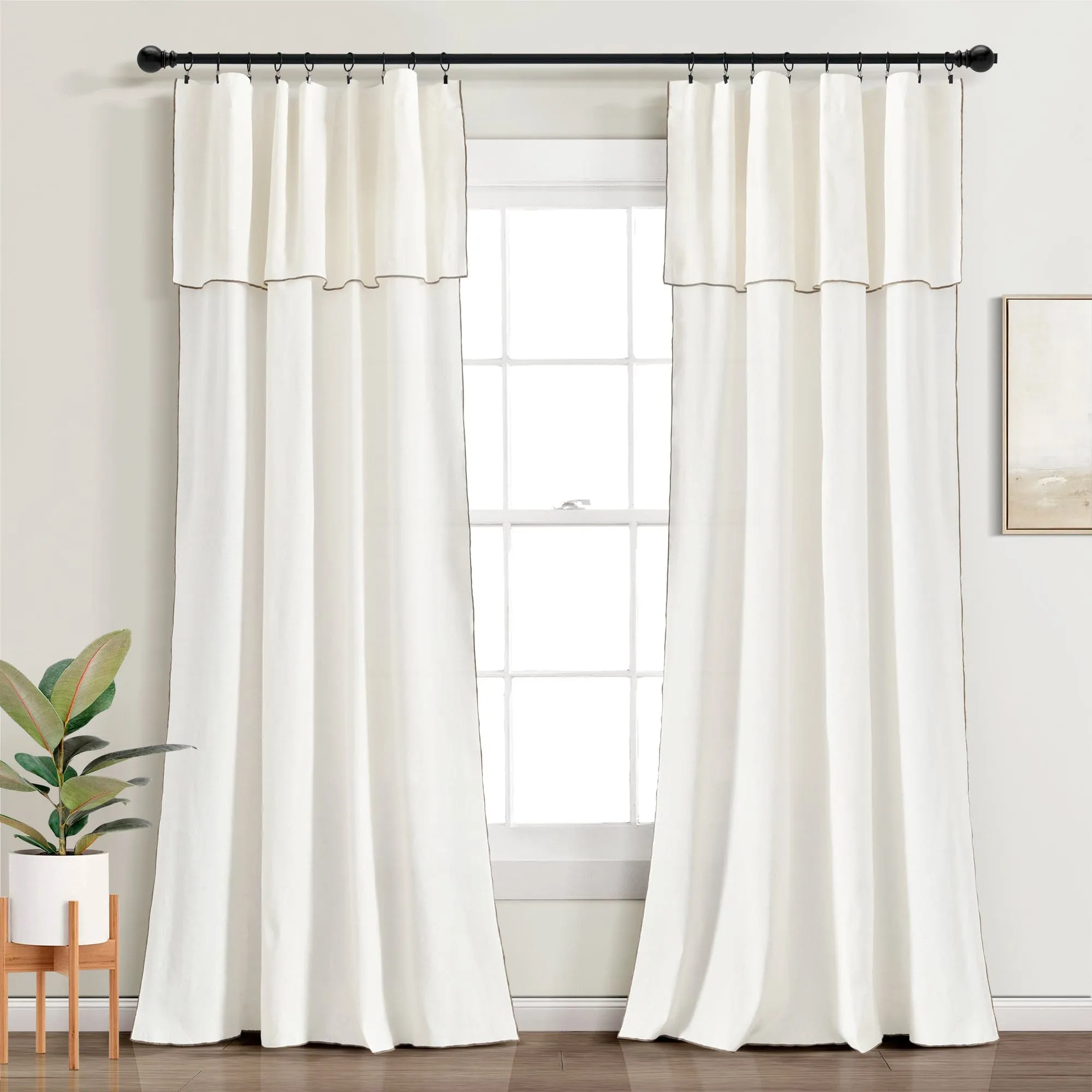 Modern Faux Linen Embroidered Edge With Attached Valance Window Curtain Panel Set