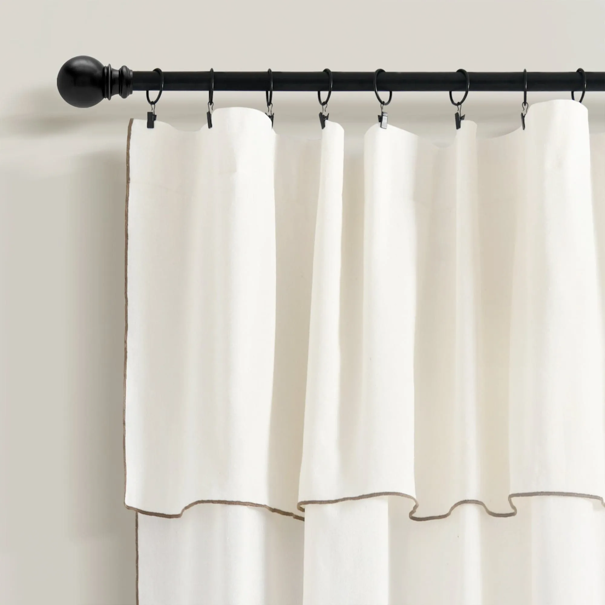 Modern Faux Linen Embroidered Edge With Attached Valance Window Curtain Panel Set