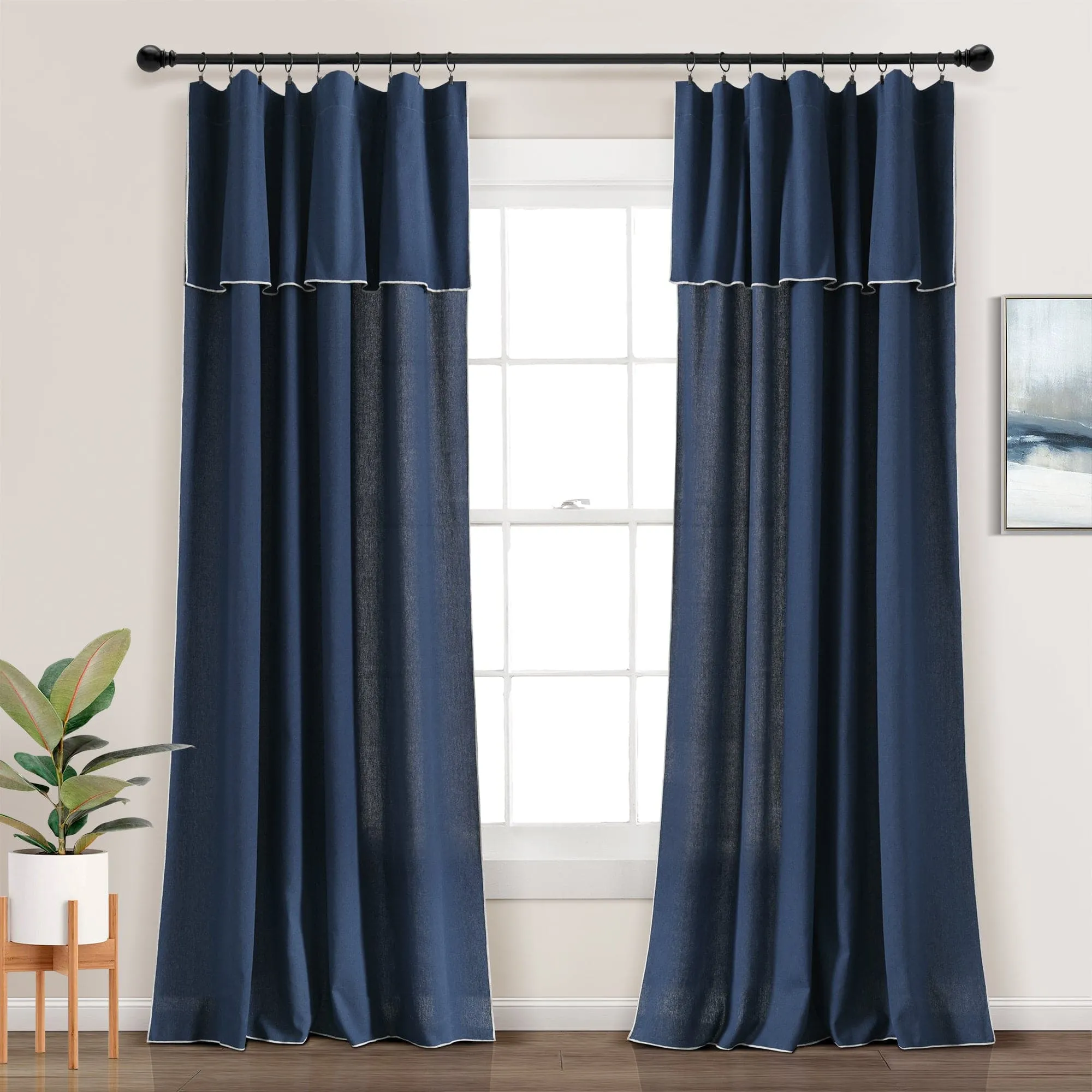 Modern Faux Linen Embroidered Edge With Attached Valance Window Curtain Panel Set