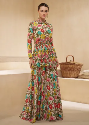 Multicolor Digital Printed & Embroidered Party Style Sharara Suit