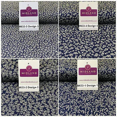 Navy And White Floral Paste Printed 100% Cotton Poplin Craft Fabric 45" M633