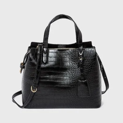 New - Alligator Print Triple Compartment Satchel Handbag - A New Day Black