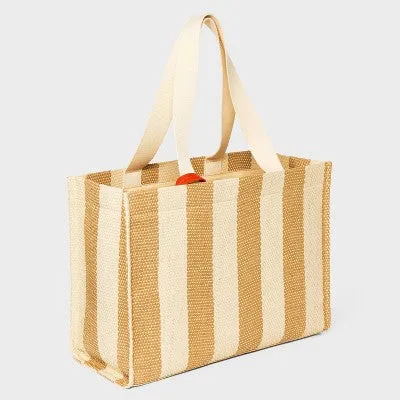 New - Striped Elevated Straw Tote Handbag with Zip Pouch - A New Day Brown