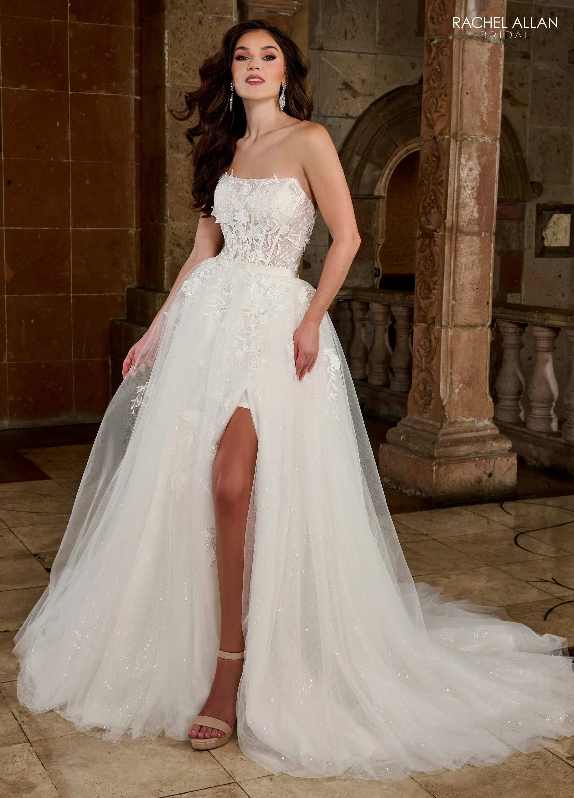 Rachel Allan RB5053 Tulle Sequin Embroidered Strapless Wedding Gown with Detachable Train