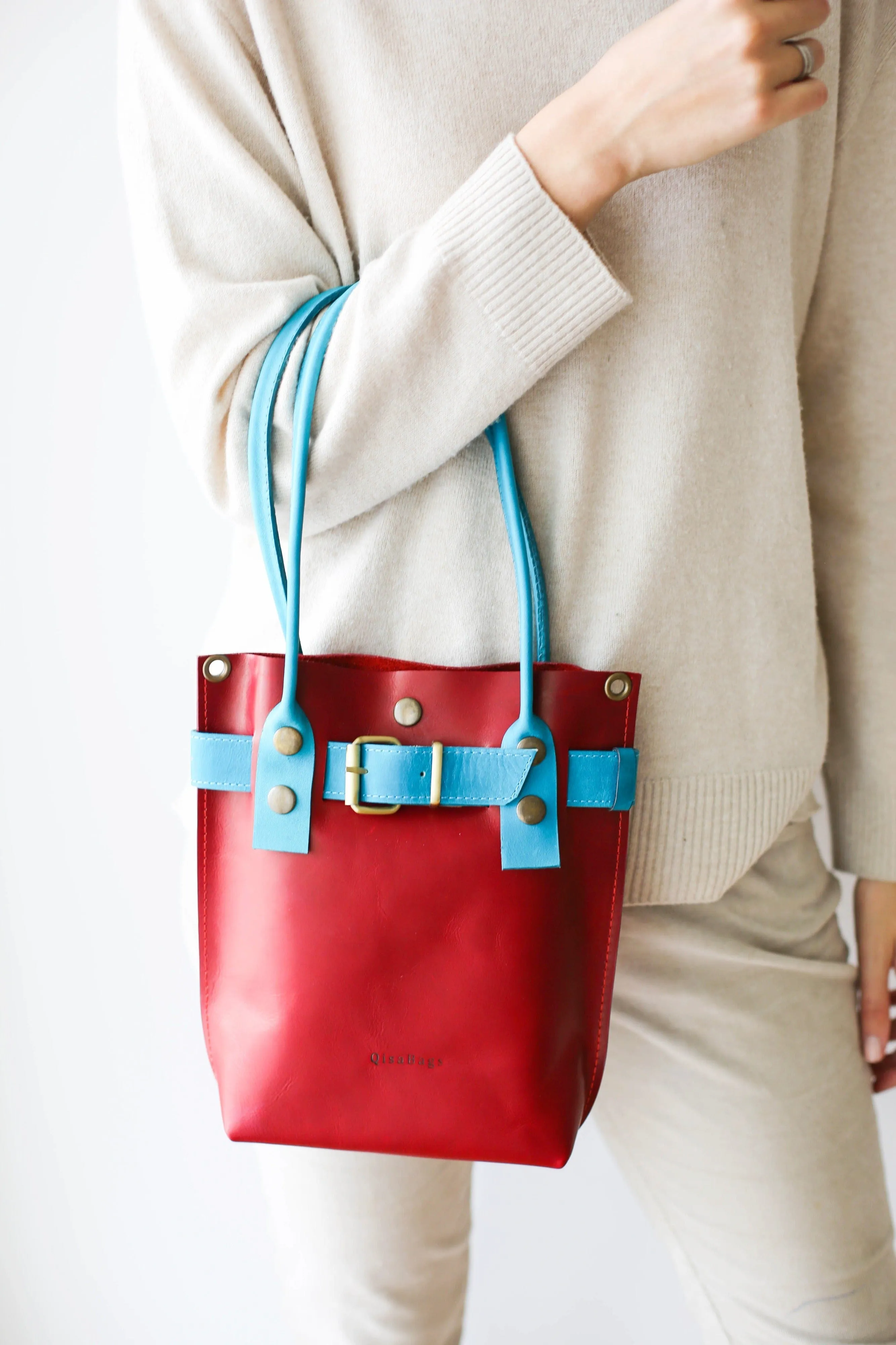 Red w/ Blue Leather Handbag