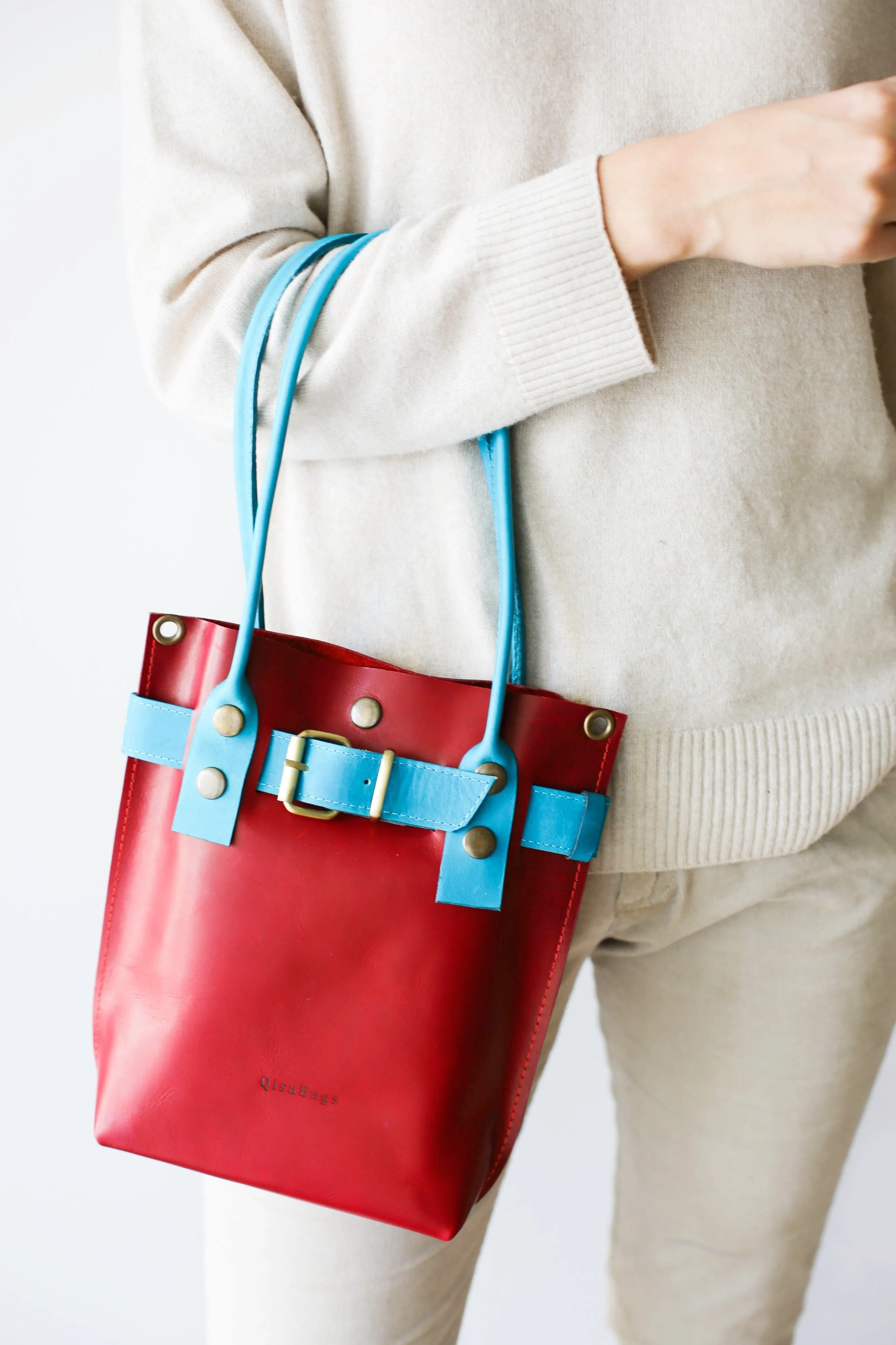 Red w/ Blue Leather Handbag