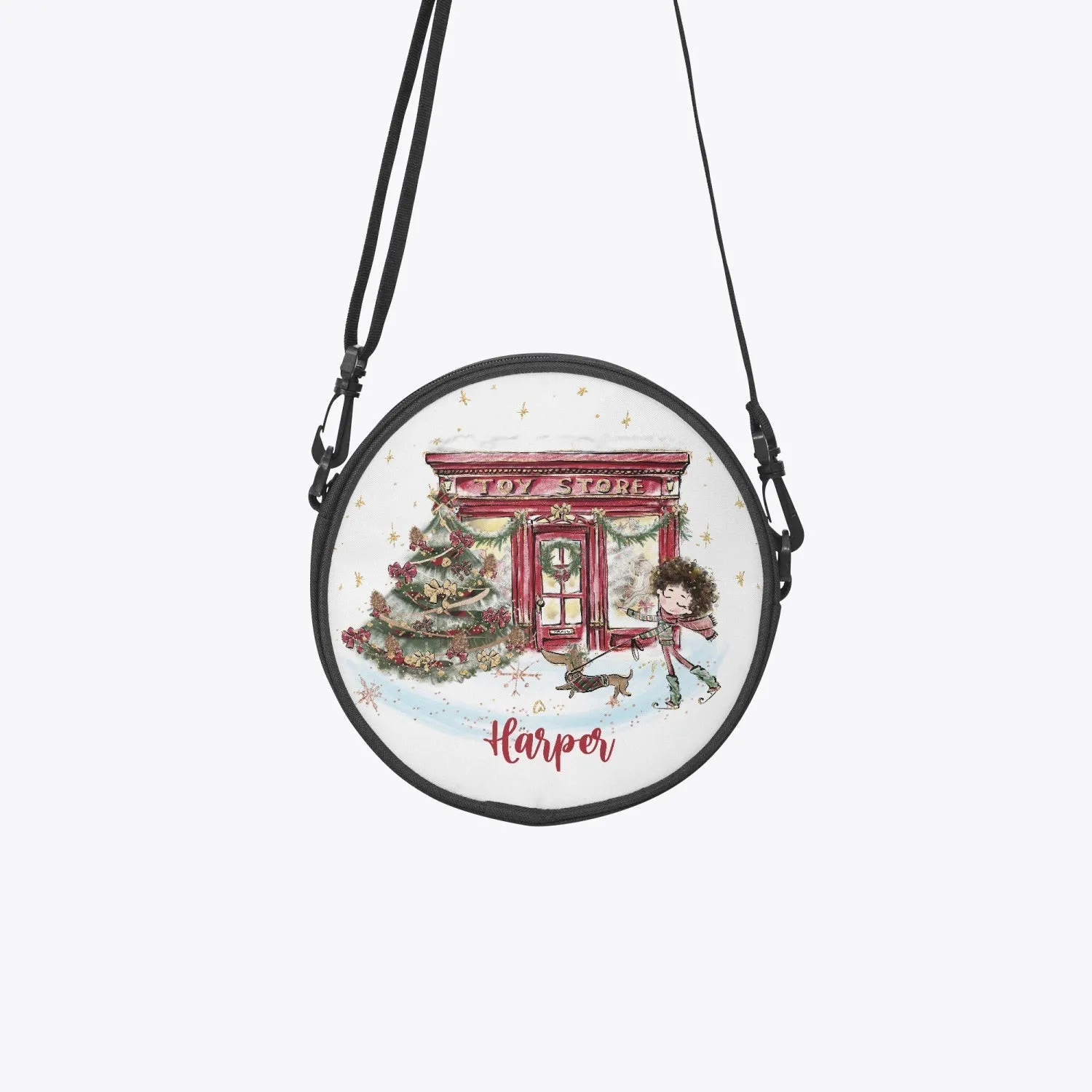 Round Satchel Bag with Christmas Toy Shop Design, Brunette Boy