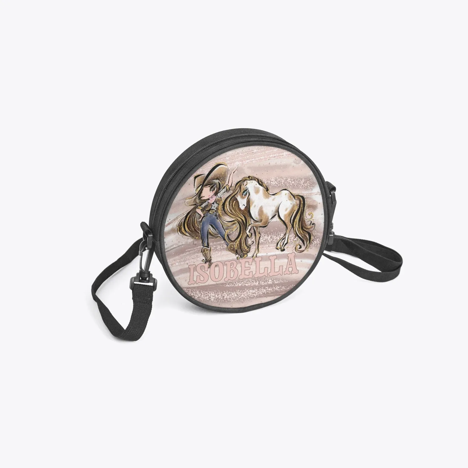 Round Satchel Bag, Howdy, Cowgirl and Horse, Brunette Hair Brown Eyes, Personalised