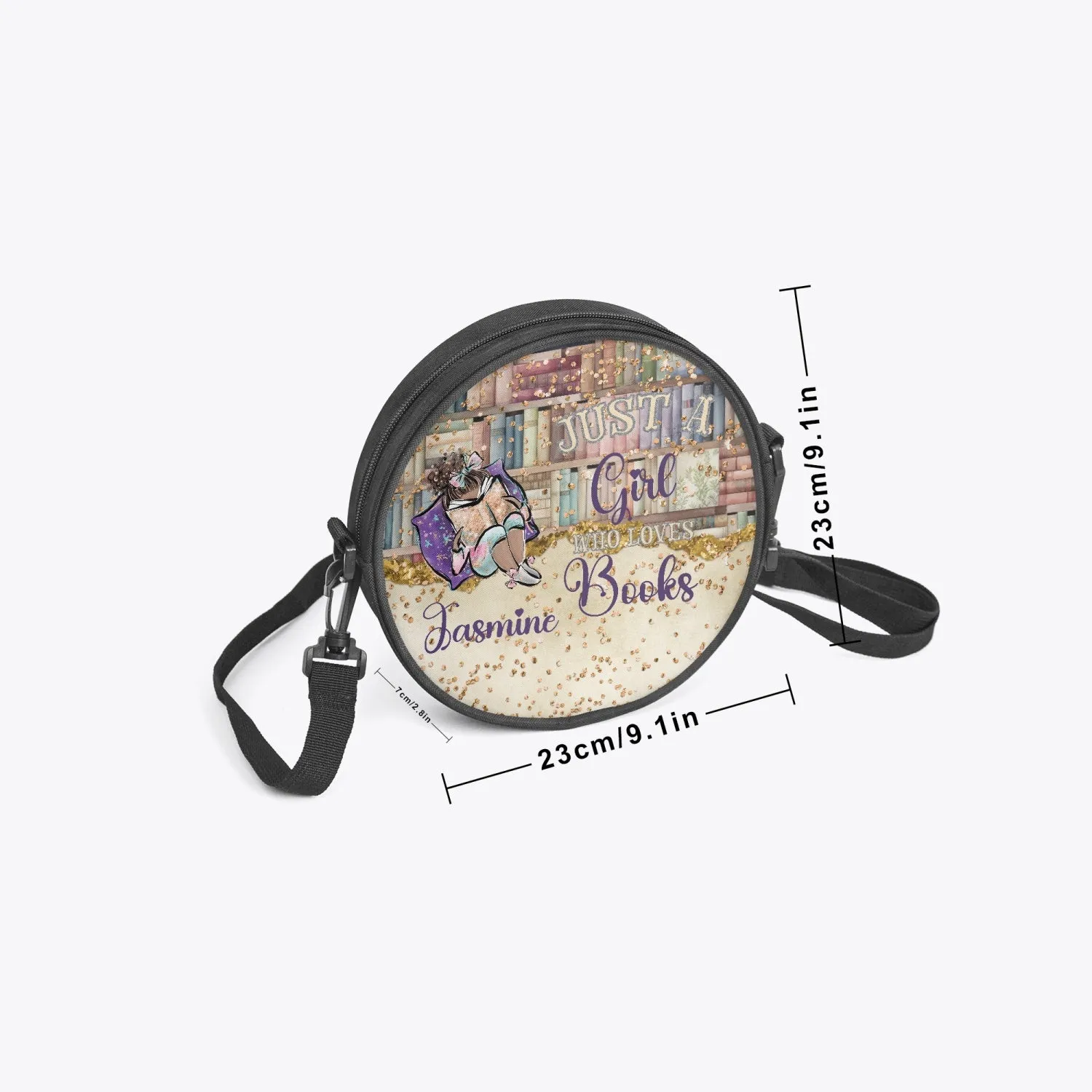 Round Satchel Bag, Just a Girl who Loves Books, Brunette Hair Olive Skin, Personalised