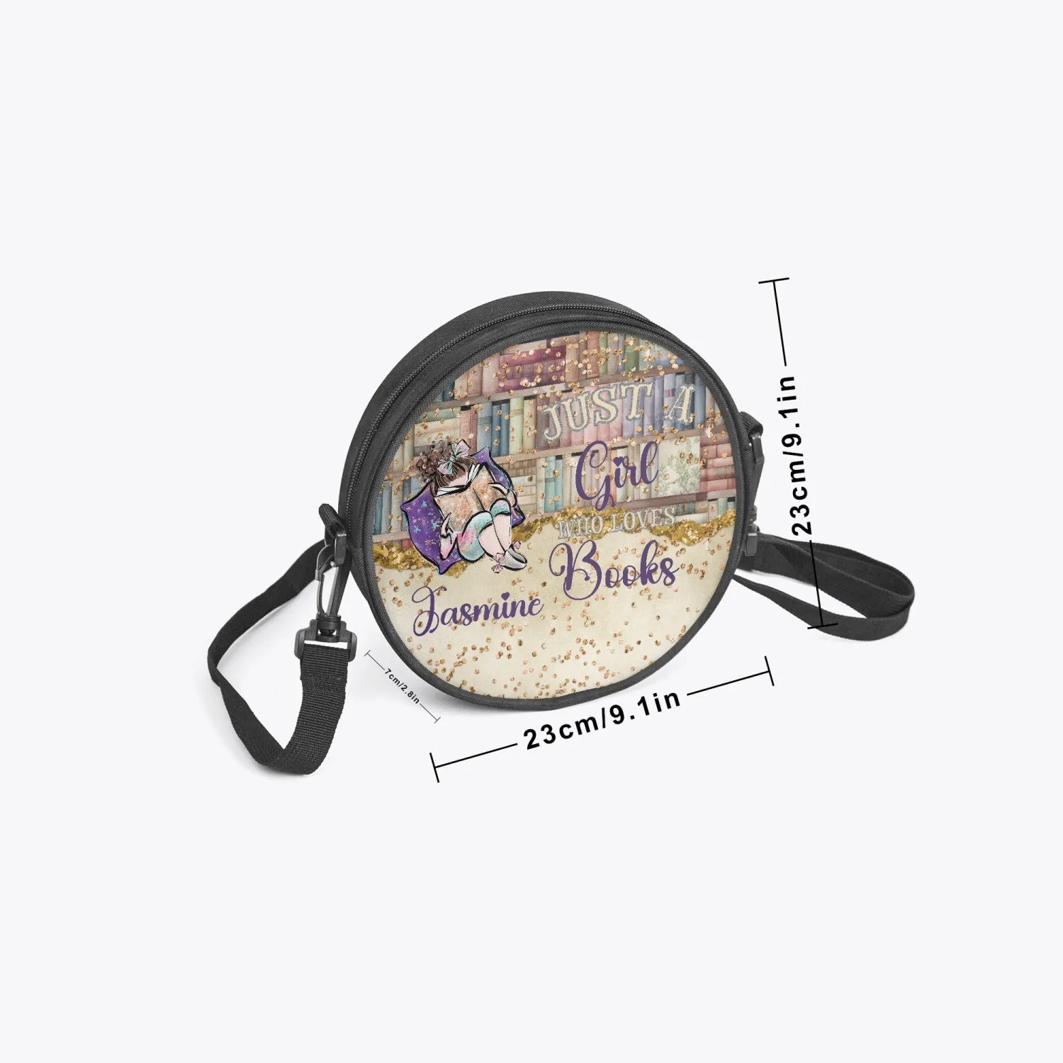 Round Satchel Bag, Just a Girl who Loves Books, Brunette Hair, Personalised