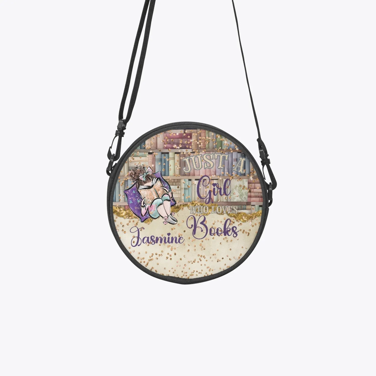 Round Satchel Bag, Just a Girl who Loves Books, Brunette Hair, Personalised