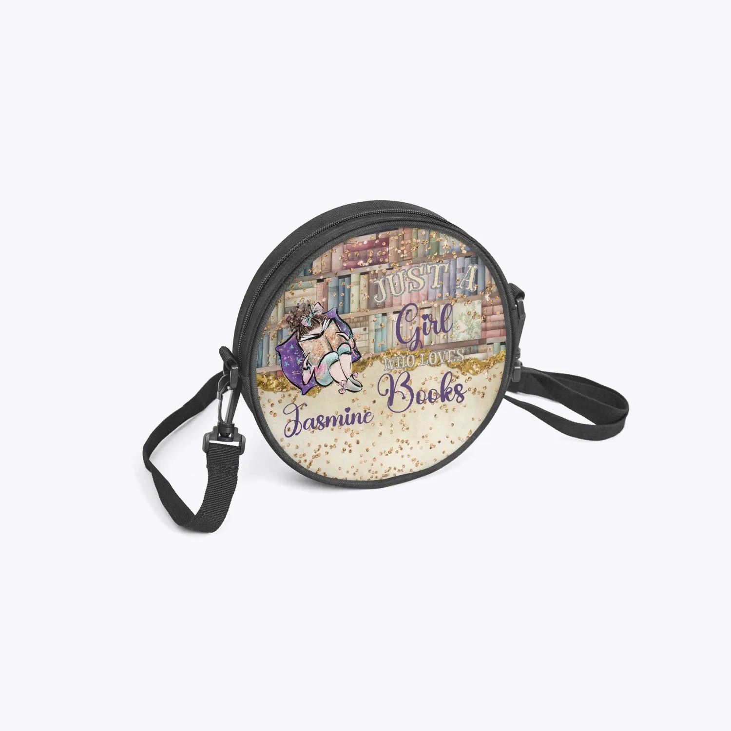 Round Satchel Bag, Just a Girl who Loves Books, Brunette Hair, Personalised