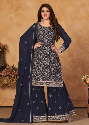 Soothing Navy Blue Embroidered Ceremonial Gharara Suit