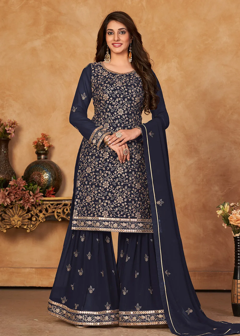 Soothing Navy Blue Embroidered Ceremonial Gharara Suit