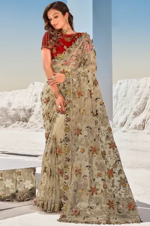 Tan Beige Floral Embroidered Net Saree