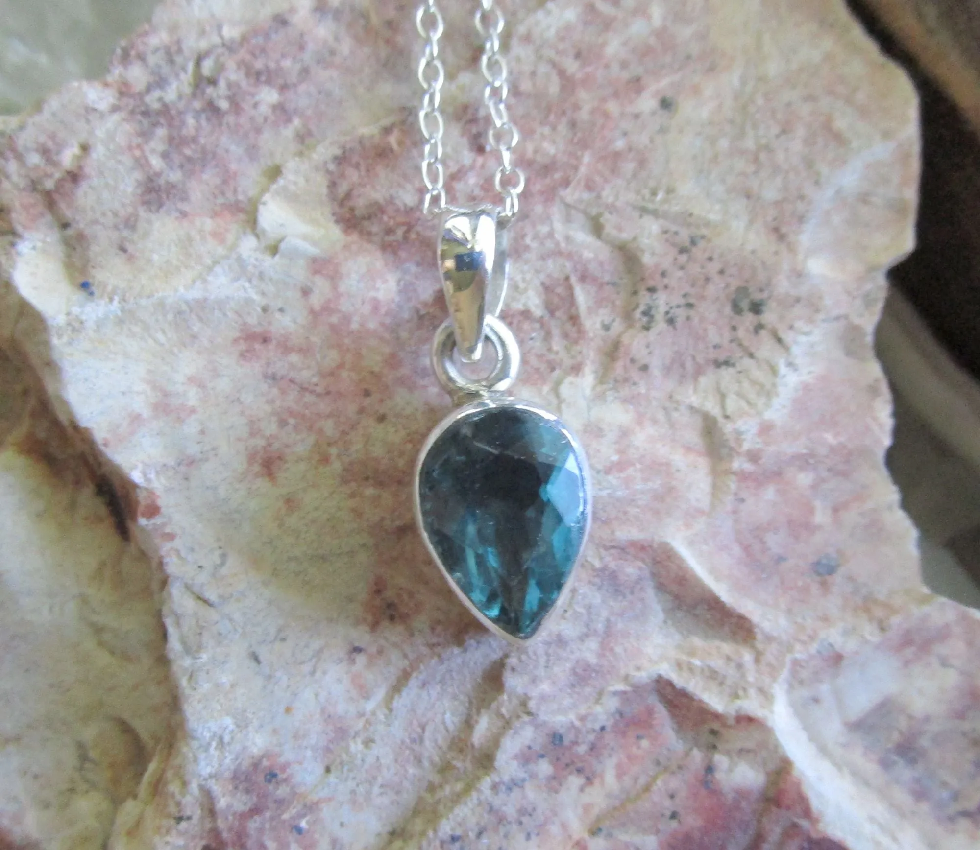 Teal Blue Fluorite Gemstone Sterling Silver Pendant Necklace