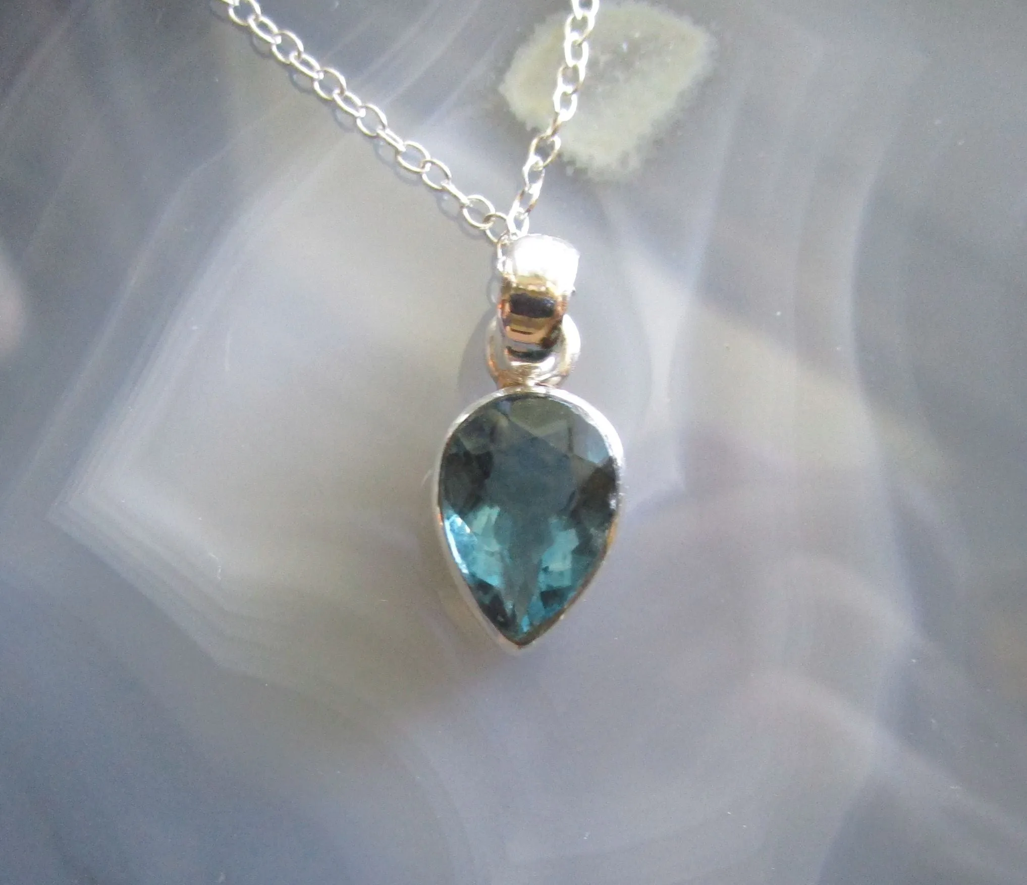 Teal Blue Fluorite Gemstone Sterling Silver Pendant Necklace