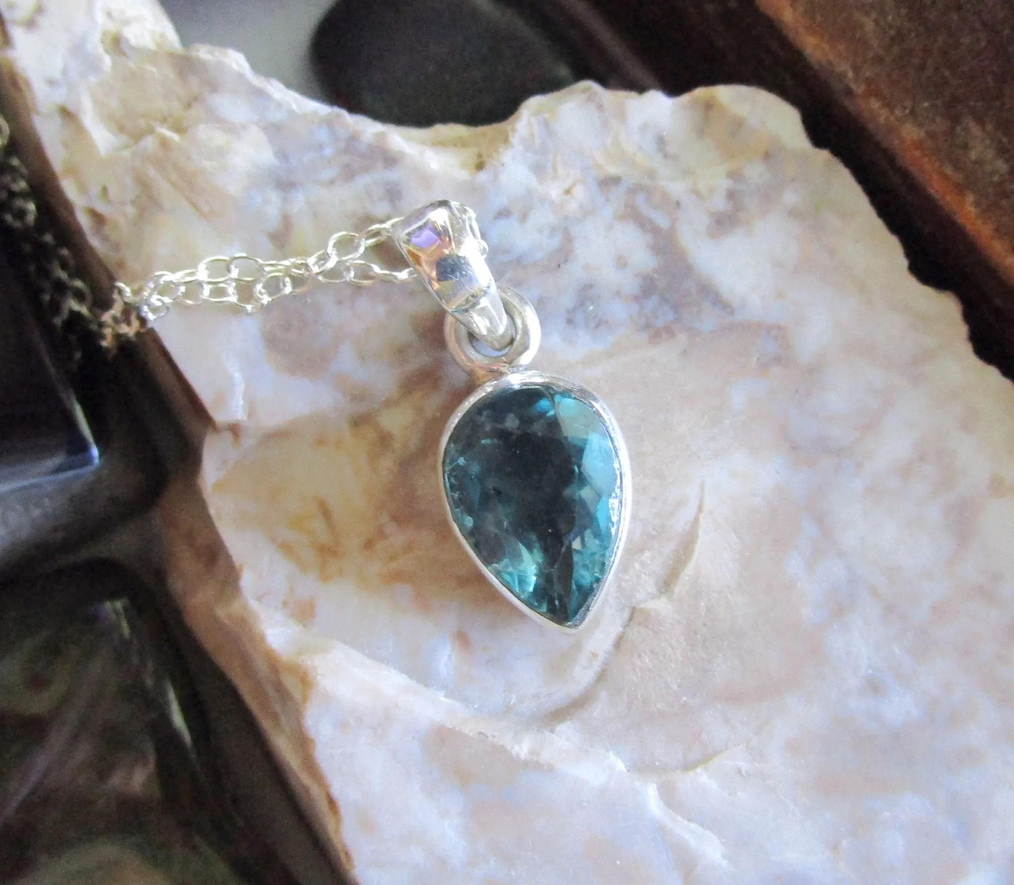 Teal Blue Fluorite Gemstone Sterling Silver Pendant Necklace