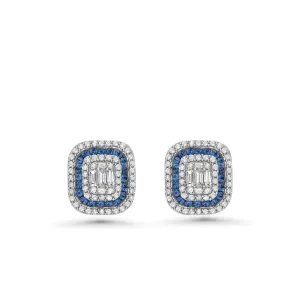 Triple Halo Diamonds & Blue Sapphire Rectangular Shape Studs Earrings (1.00 ct.) in 14K Gold