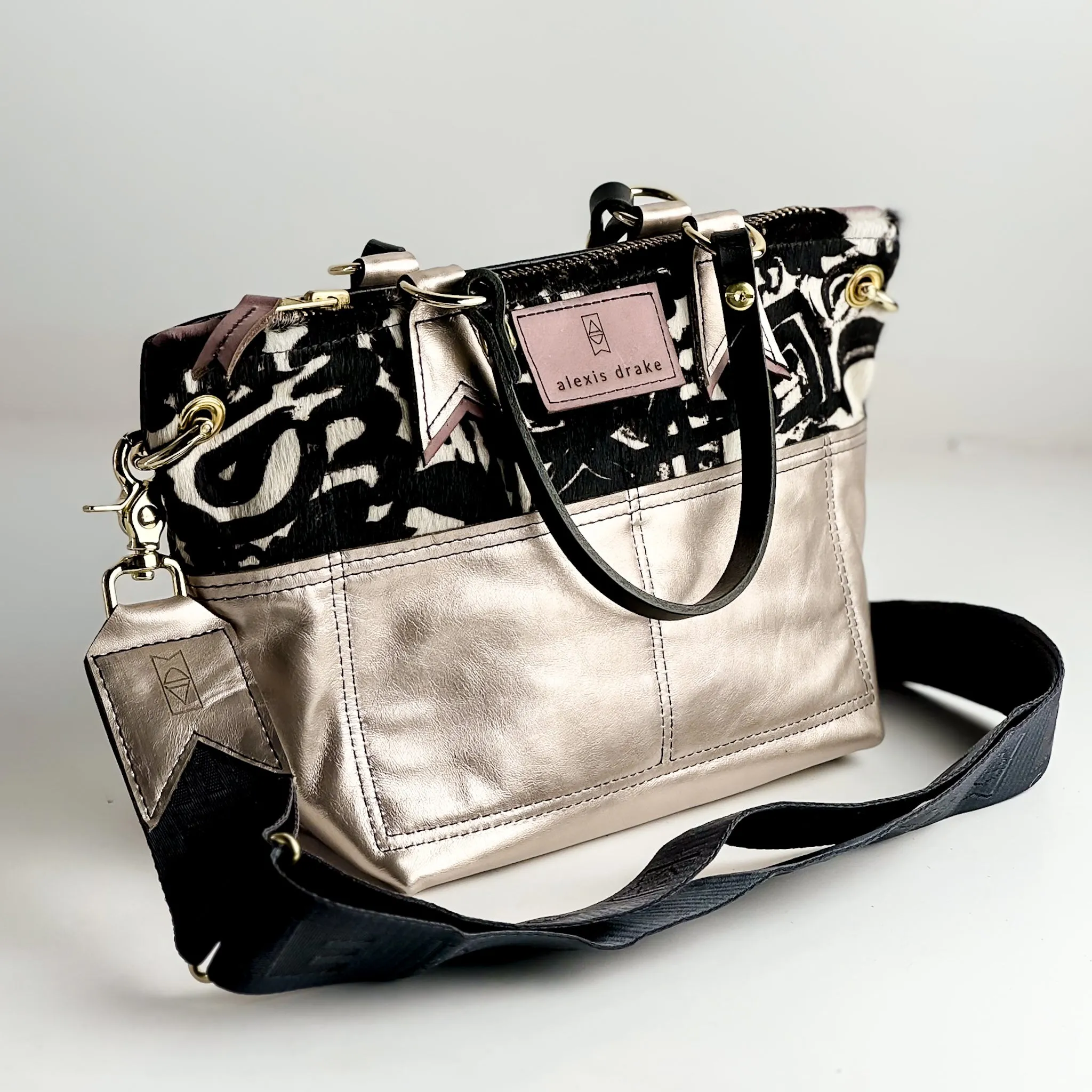 Urban Edge Collection | Coco Satchel   Crossbody | Newsprint Hair-on-Hide   Champagne Steel