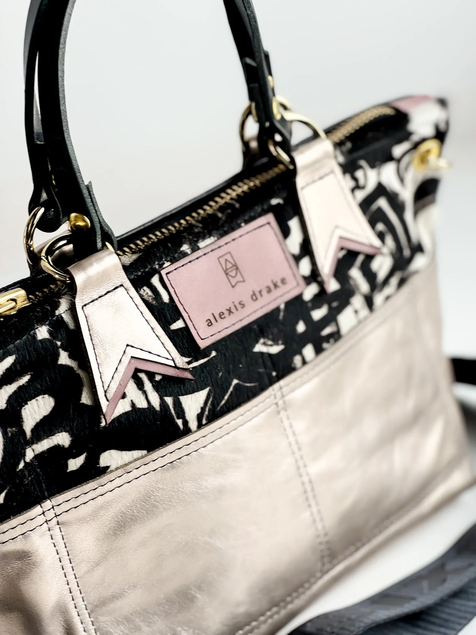 Urban Edge Collection | Coco Satchel   Crossbody | Newsprint Hair-on-Hide   Champagne Steel