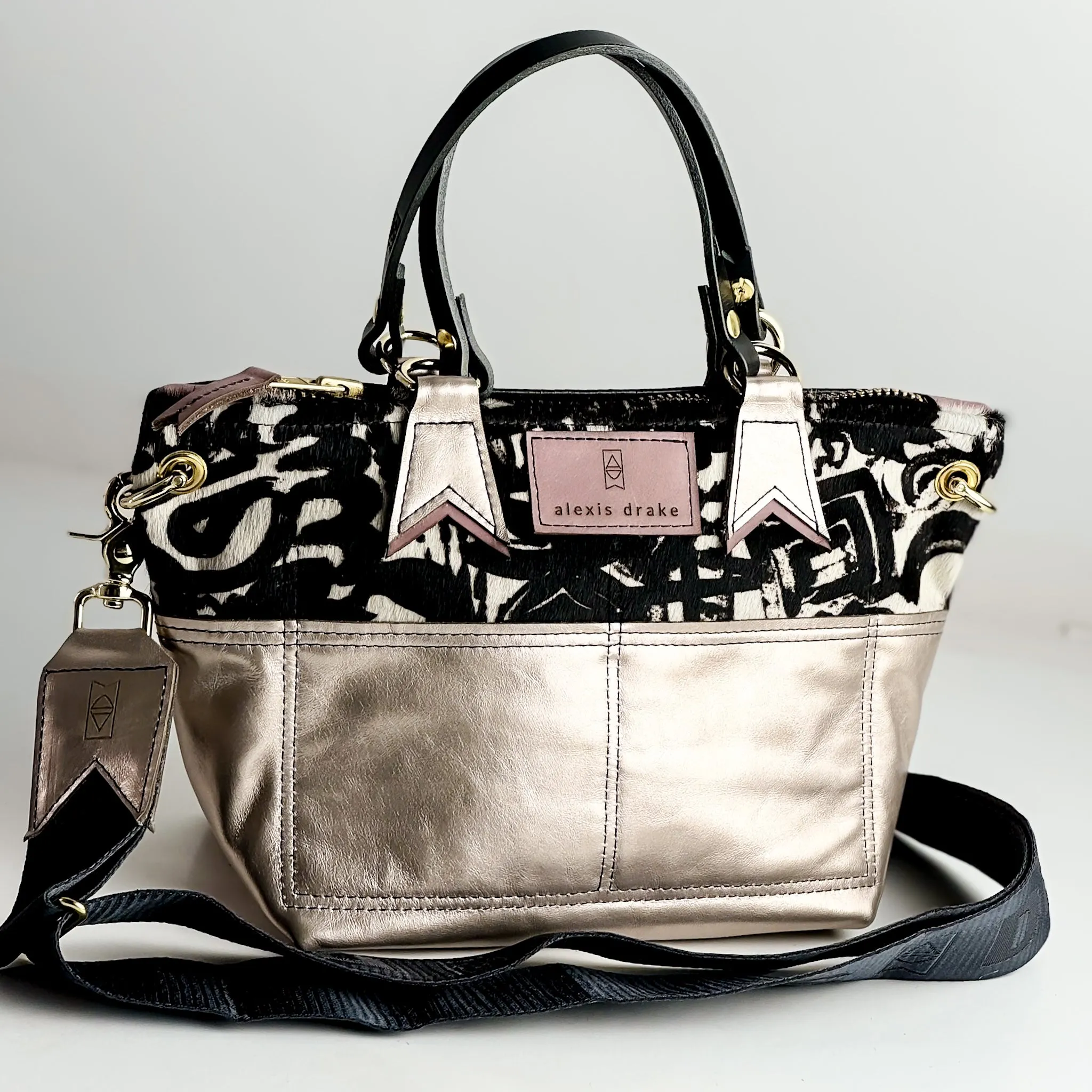 Urban Edge Collection | Coco Satchel   Crossbody | Newsprint Hair-on-Hide   Champagne Steel