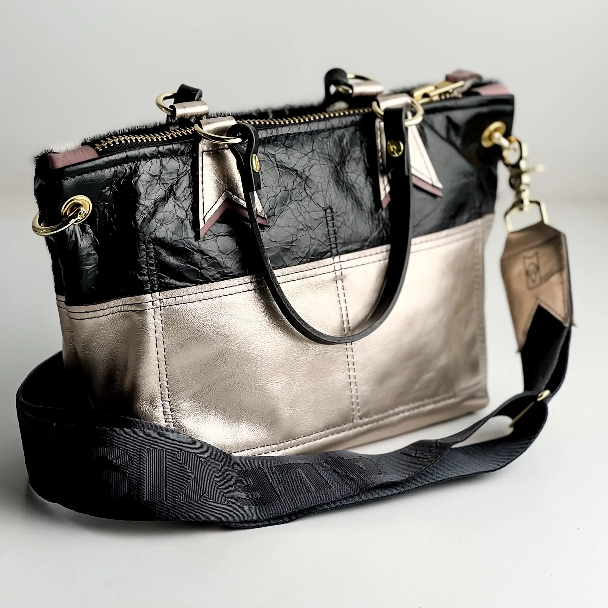 Urban Edge Collection | Coco Satchel   Crossbody | Newsprint Hair-on-Hide   Champagne Steel