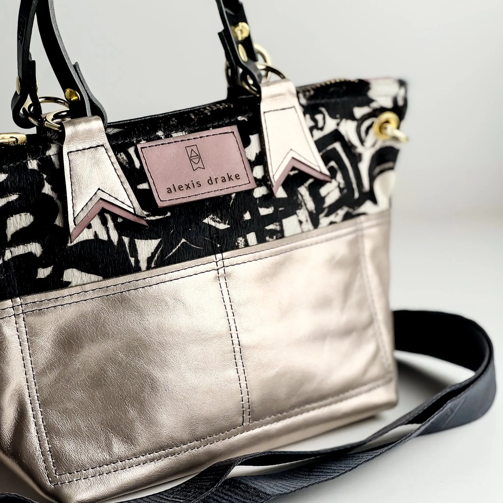 Urban Edge Collection | Coco Satchel   Crossbody | Newsprint Hair-on-Hide   Champagne Steel