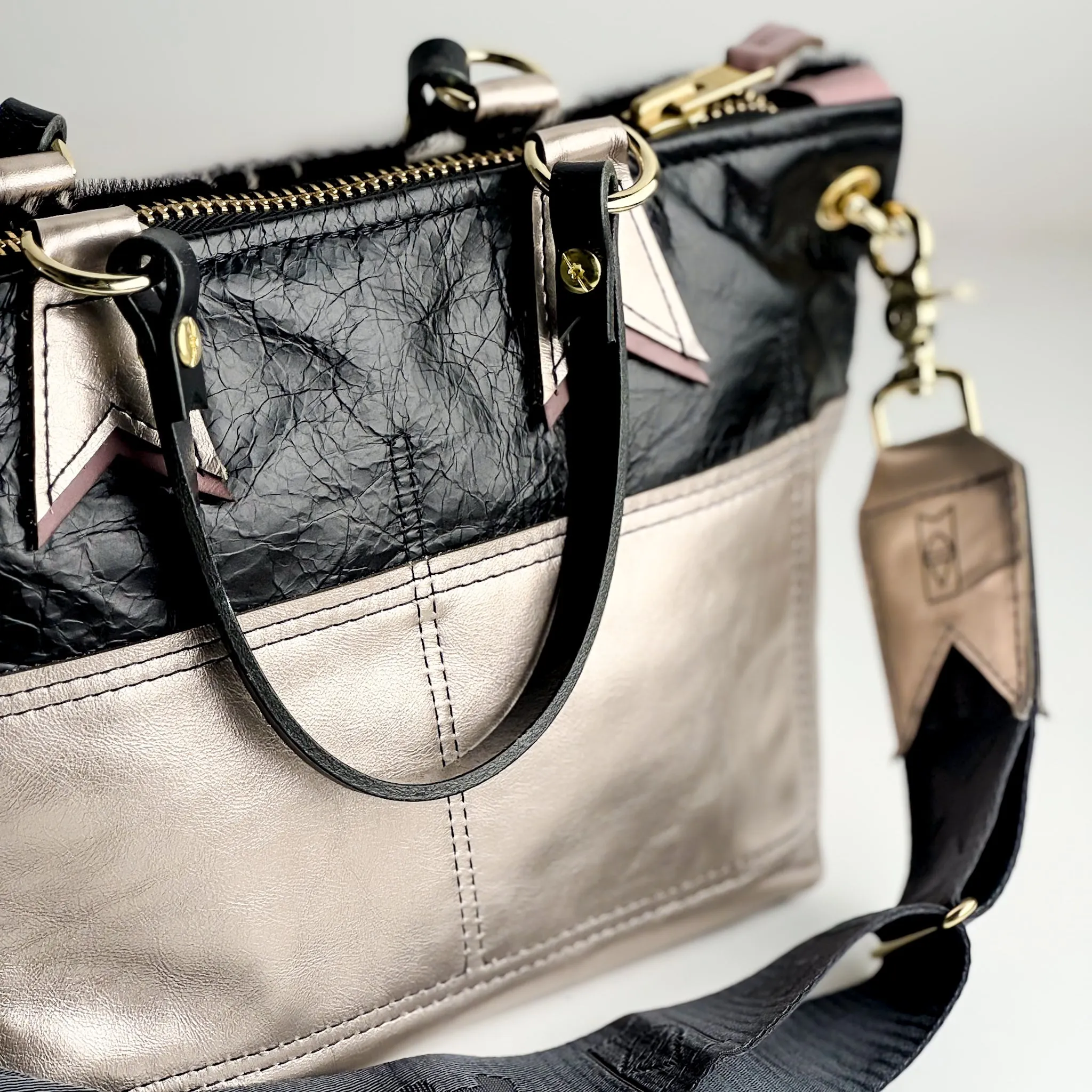 Urban Edge Collection | Coco Satchel   Crossbody | Newsprint Hair-on-Hide   Champagne Steel