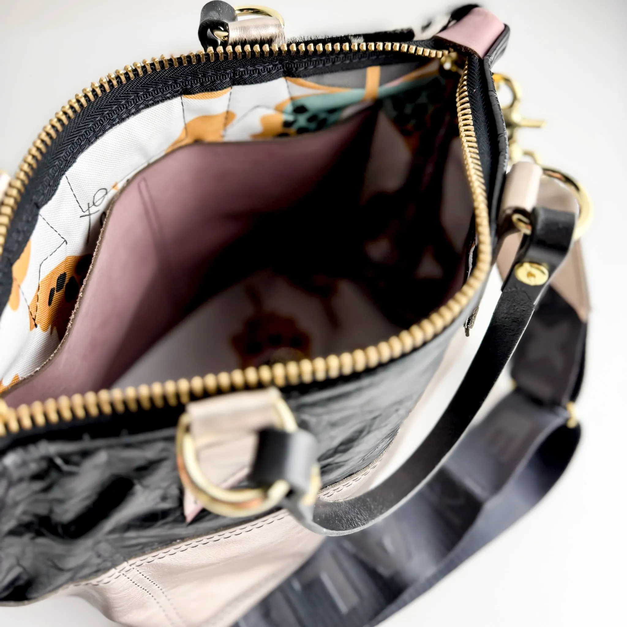 Urban Edge Collection | Coco Satchel   Crossbody | Newsprint Hair-on-Hide   Champagne Steel