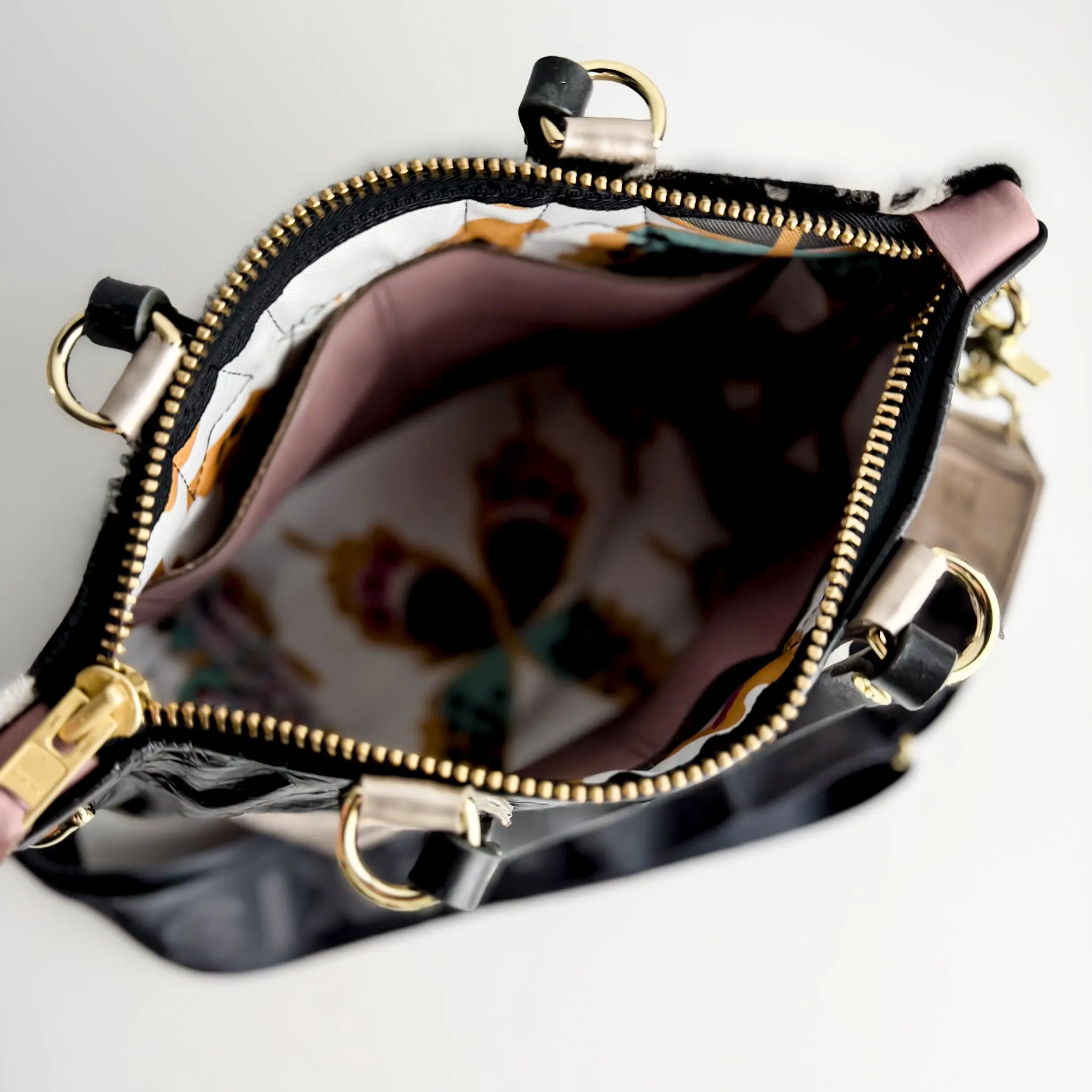 Urban Edge Collection | Coco Satchel   Crossbody | Newsprint Hair-on-Hide   Champagne Steel