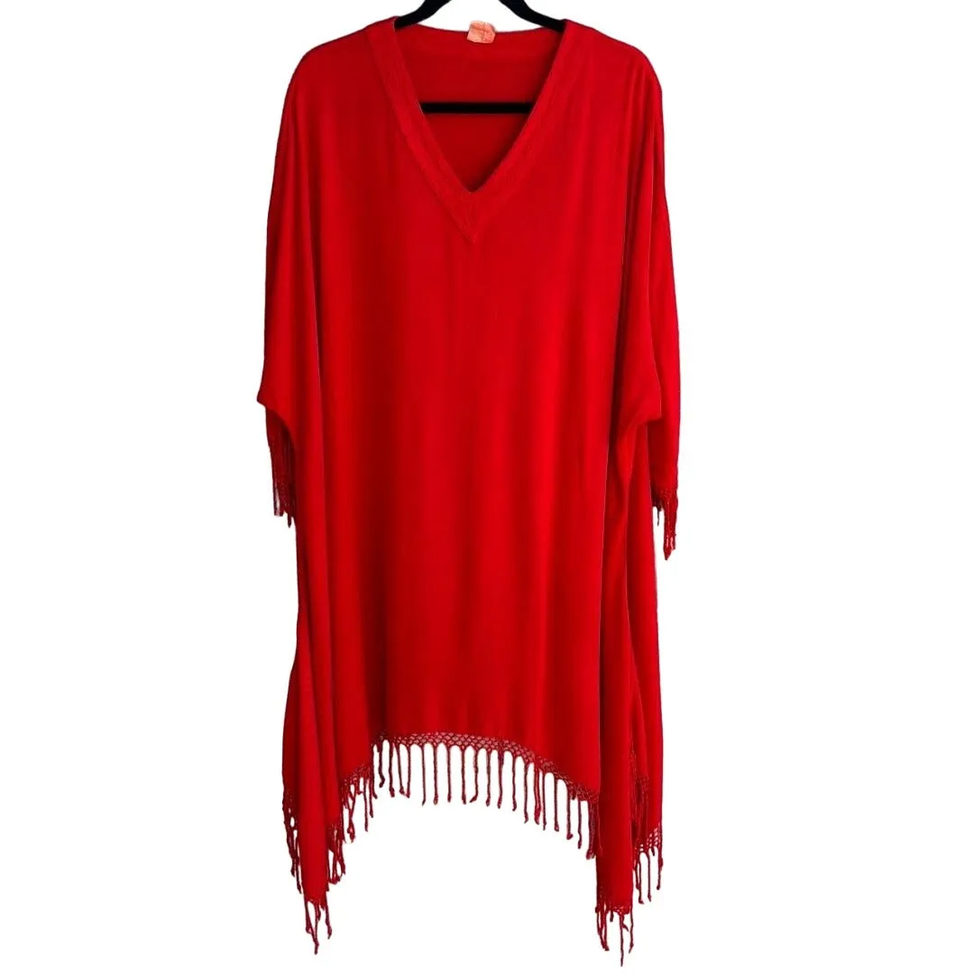 Women's Red Boho Flowy Prairie Batwing Sleeve V Neck Fringed Poncho Shawl - OS